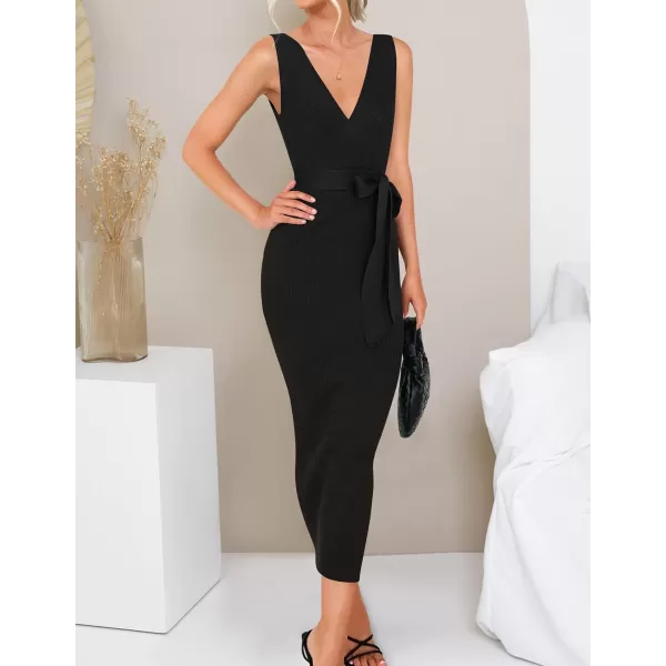 imageZESICA Womens 2023 Summer Knitted Bodycon Midi Dress Elegant Wrap V Neck Sleeveless Tie Waist Sweater DressesBlack