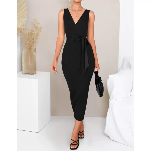 imageZESICA Womens 2023 Summer Knitted Bodycon Midi Dress Elegant Wrap V Neck Sleeveless Tie Waist Sweater DressesBlack