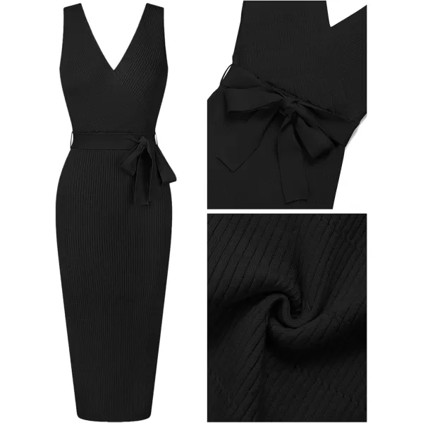 imageZESICA Womens 2023 Summer Knitted Bodycon Midi Dress Elegant Wrap V Neck Sleeveless Tie Waist Sweater DressesBlack