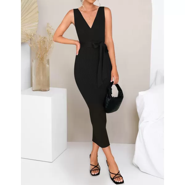 imageZESICA Womens 2023 Summer Knitted Bodycon Midi Dress Elegant Wrap V Neck Sleeveless Tie Waist Sweater DressesBlack