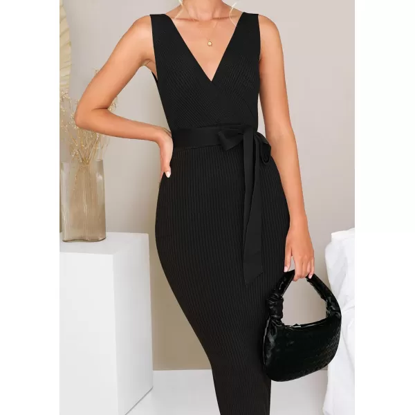imageZESICA Womens 2023 Summer Knitted Bodycon Midi Dress Elegant Wrap V Neck Sleeveless Tie Waist Sweater DressesBlack