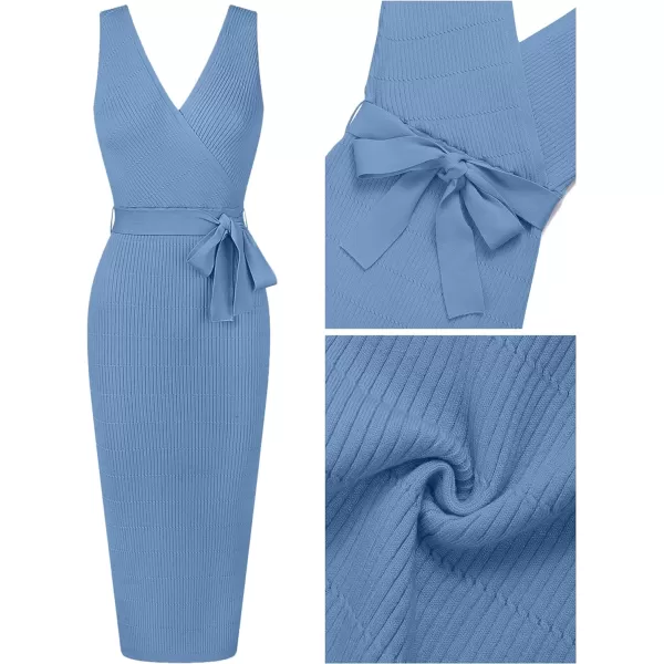 imageZESICA Womens 2023 Summer Knitted Bodycon Midi Dress Elegant Wrap V Neck Sleeveless Tie Waist Sweater DressesBlue