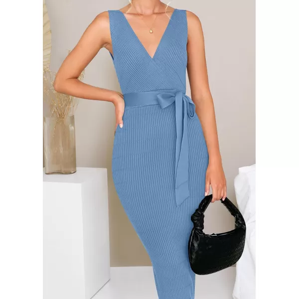 imageZESICA Womens 2023 Summer Knitted Bodycon Midi Dress Elegant Wrap V Neck Sleeveless Tie Waist Sweater DressesBlue