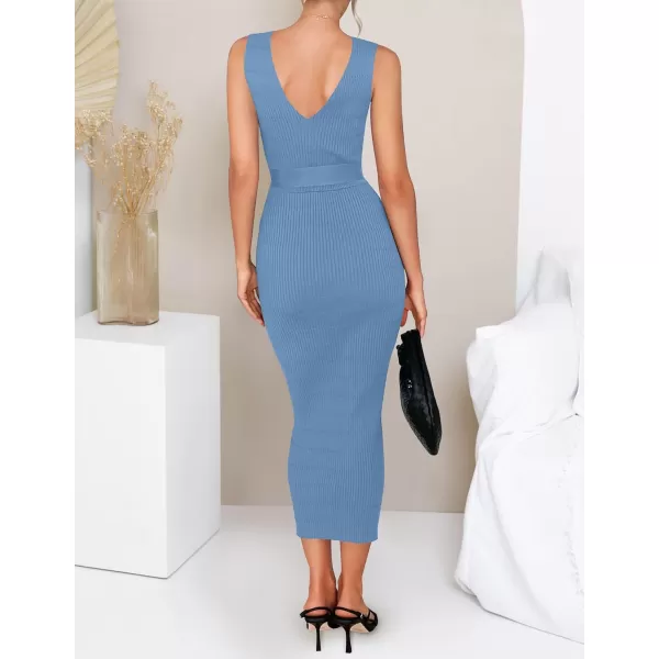 imageZESICA Womens 2023 Summer Knitted Bodycon Midi Dress Elegant Wrap V Neck Sleeveless Tie Waist Sweater DressesBlue