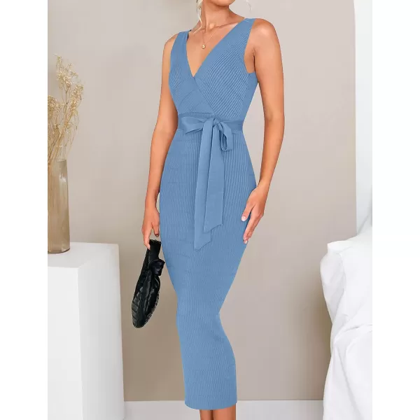 imageZESICA Womens 2023 Summer Knitted Bodycon Midi Dress Elegant Wrap V Neck Sleeveless Tie Waist Sweater DressesBlue