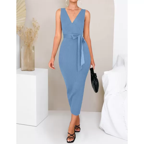 imageZESICA Womens 2023 Summer Knitted Bodycon Midi Dress Elegant Wrap V Neck Sleeveless Tie Waist Sweater DressesBlue
