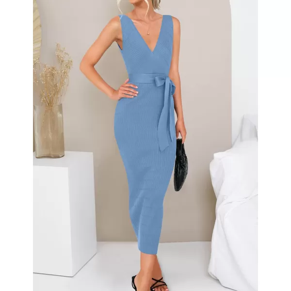 imageZESICA Womens 2023 Summer Knitted Bodycon Midi Dress Elegant Wrap V Neck Sleeveless Tie Waist Sweater DressesBlue
