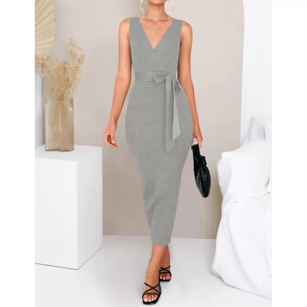 imageZESICA Womens 2023 Summer Knitted Bodycon Midi Dress Elegant Wrap V Neck Sleeveless Tie Waist Sweater DressesGrey