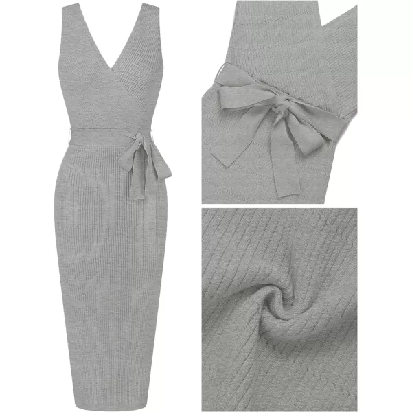 imageZESICA Womens 2023 Summer Knitted Bodycon Midi Dress Elegant Wrap V Neck Sleeveless Tie Waist Sweater DressesGrey