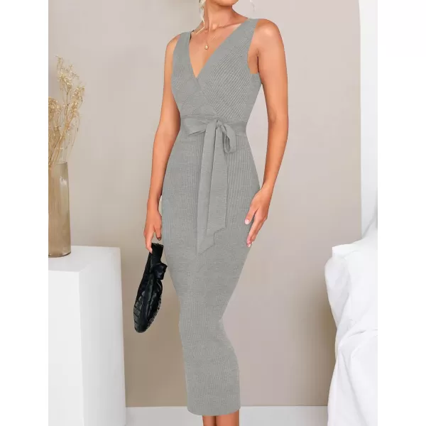 imageZESICA Womens 2023 Summer Knitted Bodycon Midi Dress Elegant Wrap V Neck Sleeveless Tie Waist Sweater DressesGrey