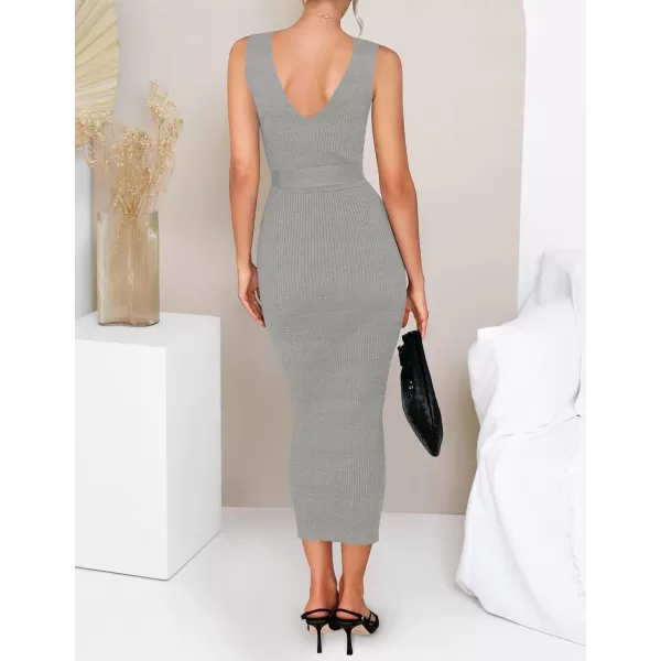 imageZESICA Womens 2023 Summer Knitted Bodycon Midi Dress Elegant Wrap V Neck Sleeveless Tie Waist Sweater DressesGrey