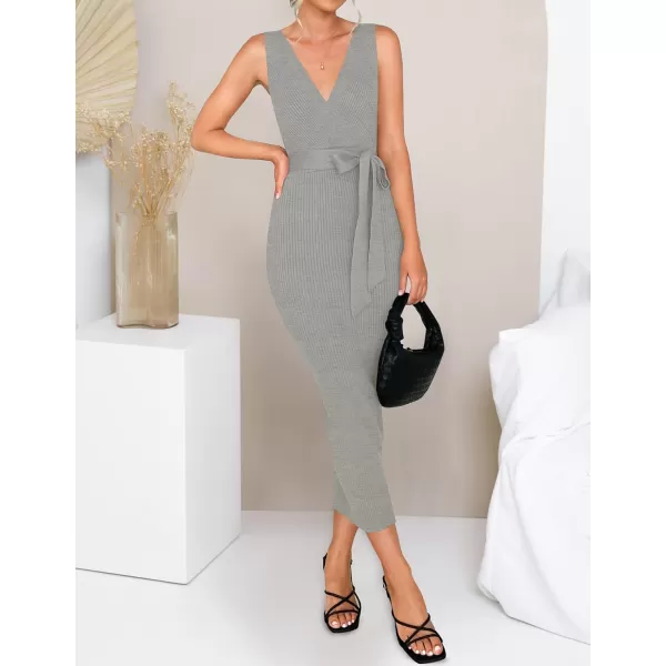 imageZESICA Womens 2023 Summer Knitted Bodycon Midi Dress Elegant Wrap V Neck Sleeveless Tie Waist Sweater DressesGrey