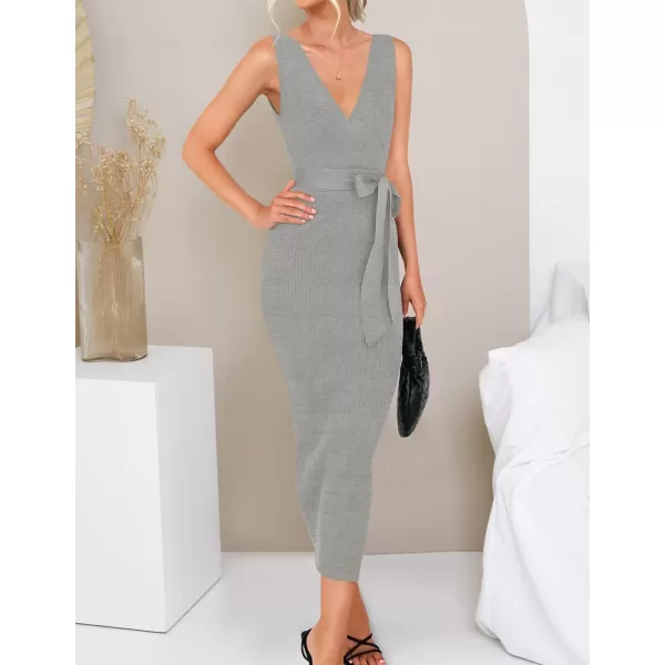 imageZESICA Womens 2023 Summer Knitted Bodycon Midi Dress Elegant Wrap V Neck Sleeveless Tie Waist Sweater DressesGrey
