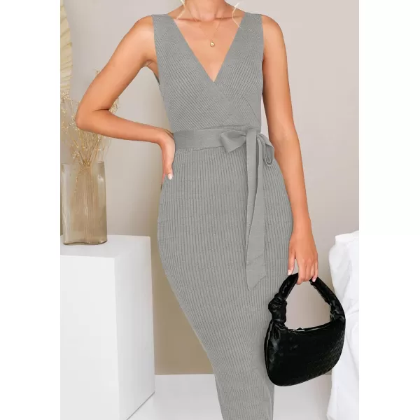 imageZESICA Womens 2023 Summer Knitted Bodycon Midi Dress Elegant Wrap V Neck Sleeveless Tie Waist Sweater DressesGrey