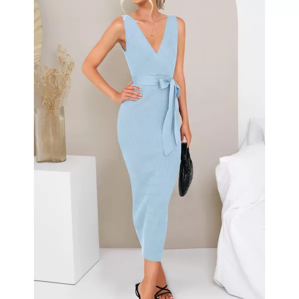 imageZESICA Womens 2023 Summer Knitted Bodycon Midi Dress Elegant Wrap V Neck Sleeveless Tie Waist Sweater DressesLightblue