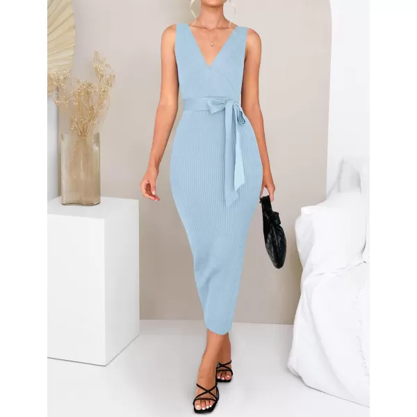 imageZESICA Womens 2023 Summer Knitted Bodycon Midi Dress Elegant Wrap V Neck Sleeveless Tie Waist Sweater DressesLightblue