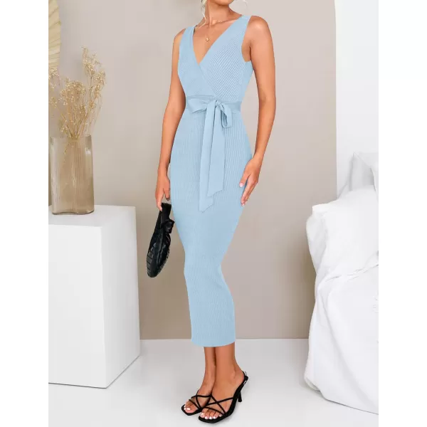 imageZESICA Womens 2023 Summer Knitted Bodycon Midi Dress Elegant Wrap V Neck Sleeveless Tie Waist Sweater DressesLightblue