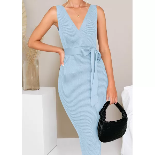 imageZESICA Womens 2023 Summer Knitted Bodycon Midi Dress Elegant Wrap V Neck Sleeveless Tie Waist Sweater DressesLightblue