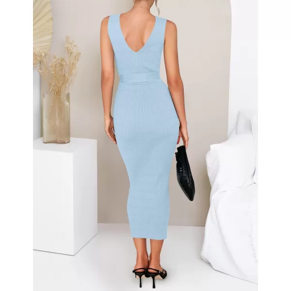 imageZESICA Womens 2023 Summer Knitted Bodycon Midi Dress Elegant Wrap V Neck Sleeveless Tie Waist Sweater DressesLightblue