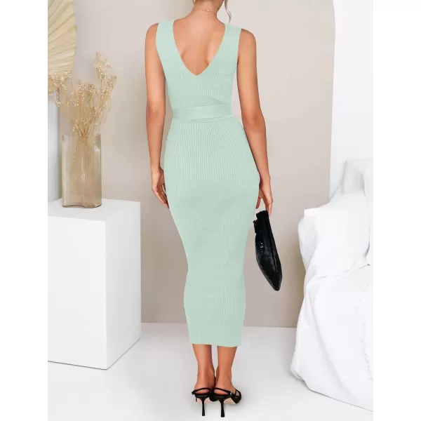 imageZESICA Womens 2023 Summer Knitted Bodycon Midi Dress Elegant Wrap V Neck Sleeveless Tie Waist Sweater DressesLightgreen