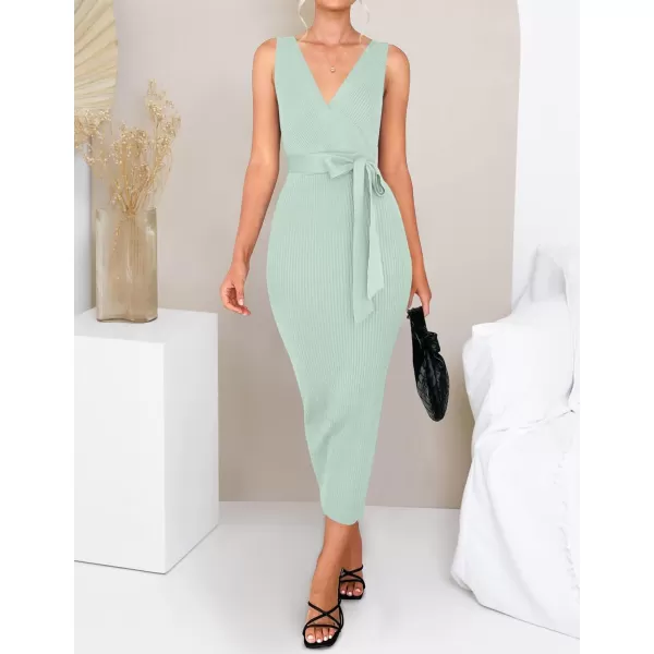 imageZESICA Womens 2023 Summer Knitted Bodycon Midi Dress Elegant Wrap V Neck Sleeveless Tie Waist Sweater DressesLightgreen