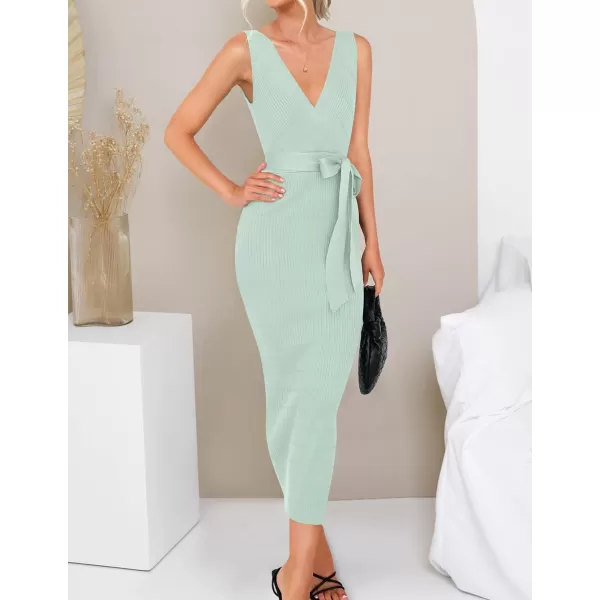 imageZESICA Womens 2023 Summer Knitted Bodycon Midi Dress Elegant Wrap V Neck Sleeveless Tie Waist Sweater DressesLightgreen