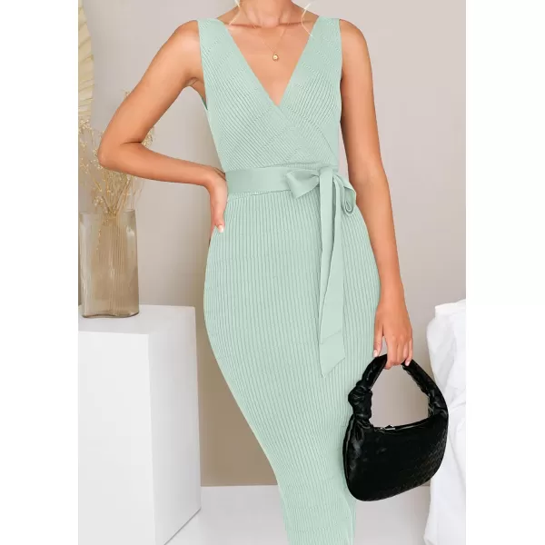 imageZESICA Womens 2023 Summer Knitted Bodycon Midi Dress Elegant Wrap V Neck Sleeveless Tie Waist Sweater DressesLightgreen