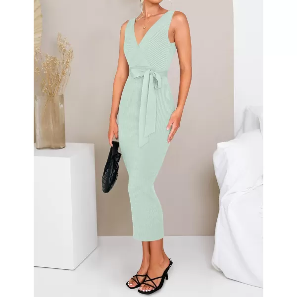 imageZESICA Womens 2023 Summer Knitted Bodycon Midi Dress Elegant Wrap V Neck Sleeveless Tie Waist Sweater DressesLightgreen