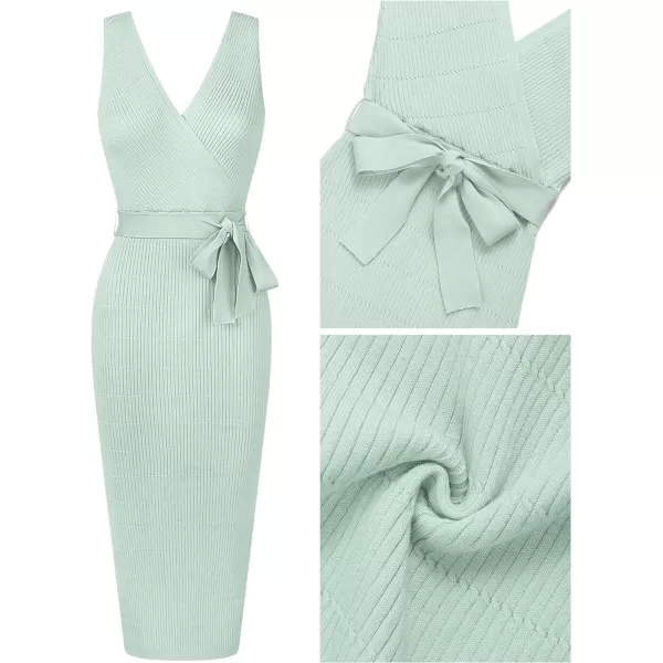 imageZESICA Womens 2023 Summer Knitted Bodycon Midi Dress Elegant Wrap V Neck Sleeveless Tie Waist Sweater DressesLightgreen