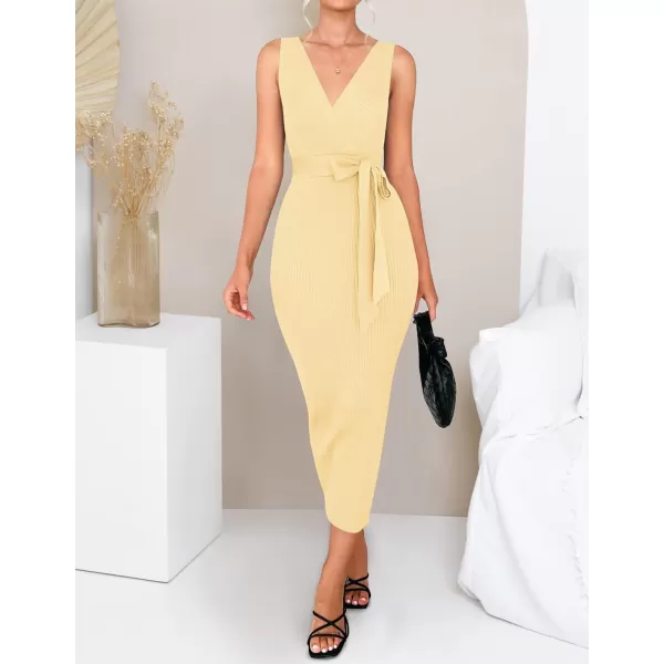 imageZESICA Womens 2023 Summer Knitted Bodycon Midi Dress Elegant Wrap V Neck Sleeveless Tie Waist Sweater DressesLightyellow