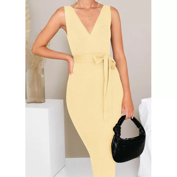 imageZESICA Womens 2023 Summer Knitted Bodycon Midi Dress Elegant Wrap V Neck Sleeveless Tie Waist Sweater DressesLightyellow