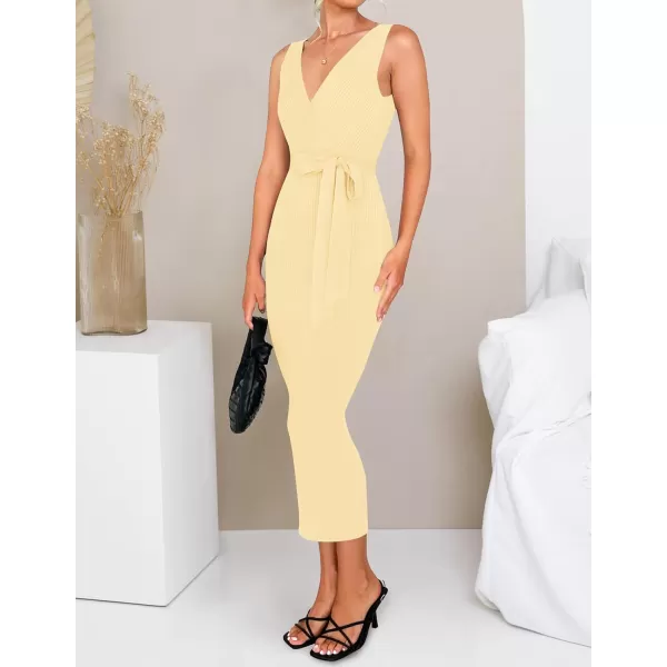 imageZESICA Womens 2023 Summer Knitted Bodycon Midi Dress Elegant Wrap V Neck Sleeveless Tie Waist Sweater DressesLightyellow