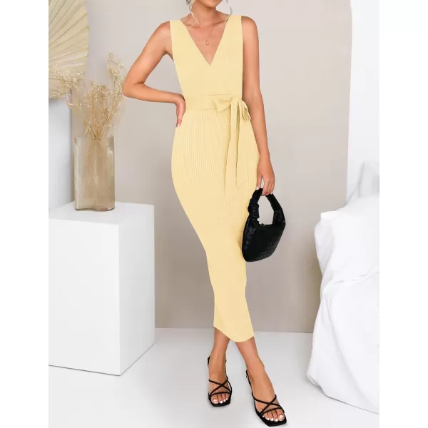 imageZESICA Womens 2023 Summer Knitted Bodycon Midi Dress Elegant Wrap V Neck Sleeveless Tie Waist Sweater DressesLightyellow