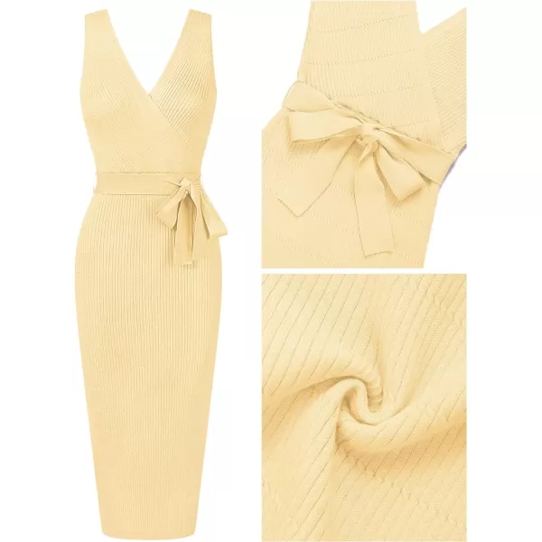 imageZESICA Womens 2023 Summer Knitted Bodycon Midi Dress Elegant Wrap V Neck Sleeveless Tie Waist Sweater DressesLightyellow