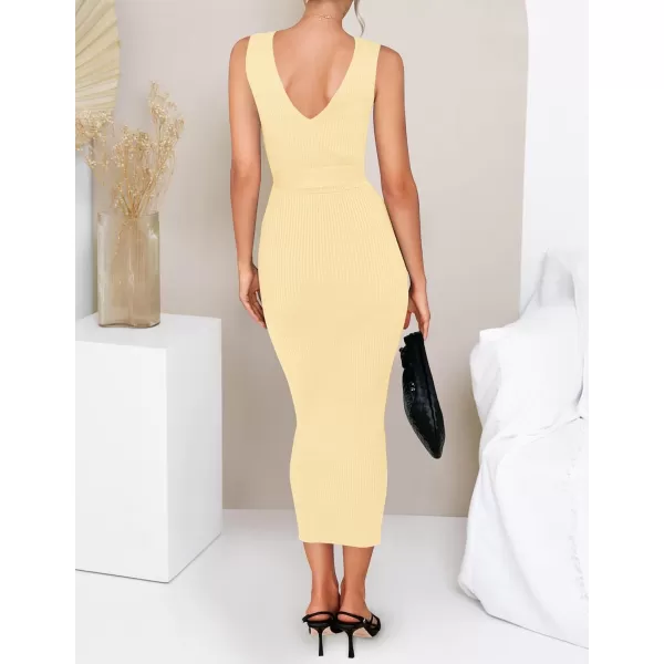 imageZESICA Womens 2023 Summer Knitted Bodycon Midi Dress Elegant Wrap V Neck Sleeveless Tie Waist Sweater DressesLightyellow