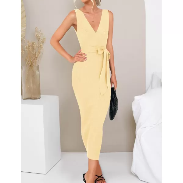 imageZESICA Womens 2023 Summer Knitted Bodycon Midi Dress Elegant Wrap V Neck Sleeveless Tie Waist Sweater DressesLightyellow