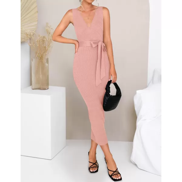 imageZESICA Womens 2023 Summer Knitted Bodycon Midi Dress Elegant Wrap V Neck Sleeveless Tie Waist Sweater DressesPink