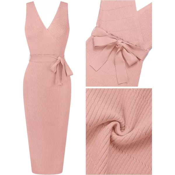 imageZESICA Womens 2023 Summer Knitted Bodycon Midi Dress Elegant Wrap V Neck Sleeveless Tie Waist Sweater DressesPink