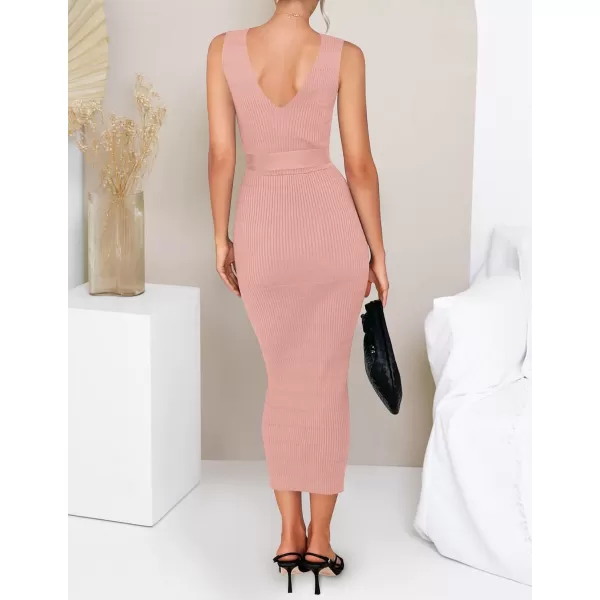 imageZESICA Womens 2023 Summer Knitted Bodycon Midi Dress Elegant Wrap V Neck Sleeveless Tie Waist Sweater DressesPink
