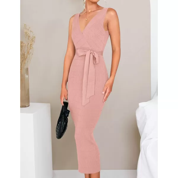 imageZESICA Womens 2023 Summer Knitted Bodycon Midi Dress Elegant Wrap V Neck Sleeveless Tie Waist Sweater DressesPink