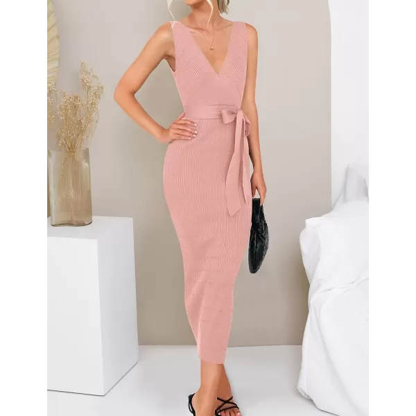 imageZESICA Womens 2023 Summer Knitted Bodycon Midi Dress Elegant Wrap V Neck Sleeveless Tie Waist Sweater DressesPink