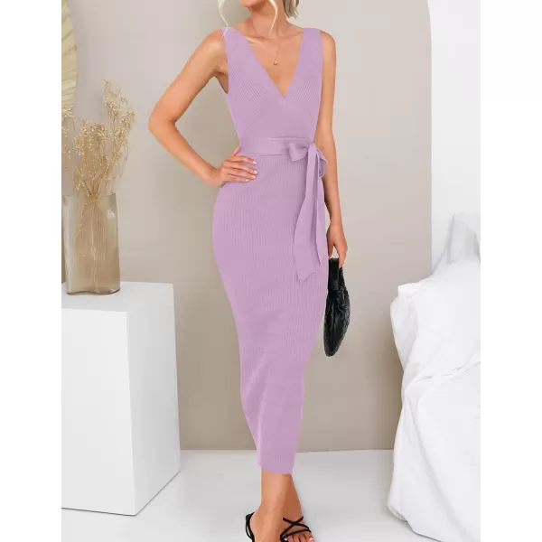 imageZESICA Womens 2023 Summer Knitted Bodycon Midi Dress Elegant Wrap V Neck Sleeveless Tie Waist Sweater DressesPurple