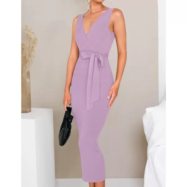 imageZESICA Womens 2023 Summer Knitted Bodycon Midi Dress Elegant Wrap V Neck Sleeveless Tie Waist Sweater DressesPurple