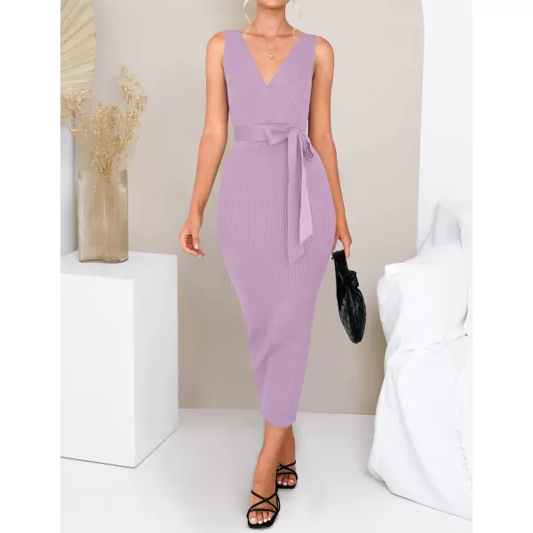 imageZESICA Womens 2023 Summer Knitted Bodycon Midi Dress Elegant Wrap V Neck Sleeveless Tie Waist Sweater DressesPurple