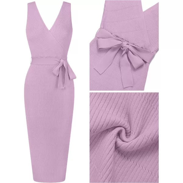 imageZESICA Womens 2023 Summer Knitted Bodycon Midi Dress Elegant Wrap V Neck Sleeveless Tie Waist Sweater DressesPurple