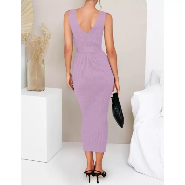 imageZESICA Womens 2023 Summer Knitted Bodycon Midi Dress Elegant Wrap V Neck Sleeveless Tie Waist Sweater DressesPurple