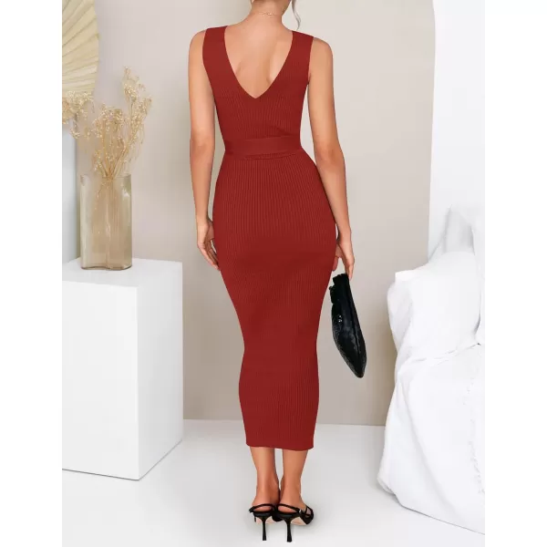 imageZESICA Womens 2023 Summer Knitted Bodycon Midi Dress Elegant Wrap V Neck Sleeveless Tie Waist Sweater DressesRed