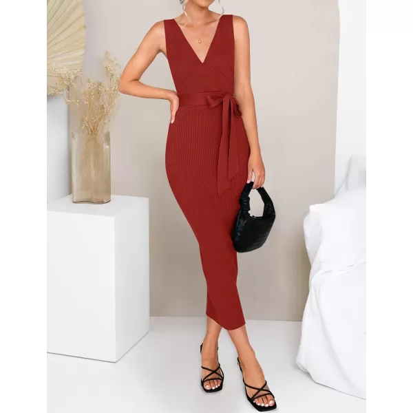 imageZESICA Womens 2023 Summer Knitted Bodycon Midi Dress Elegant Wrap V Neck Sleeveless Tie Waist Sweater DressesRed