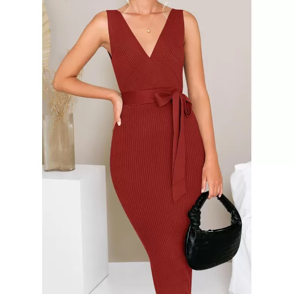 imageZESICA Womens 2023 Summer Knitted Bodycon Midi Dress Elegant Wrap V Neck Sleeveless Tie Waist Sweater DressesRed