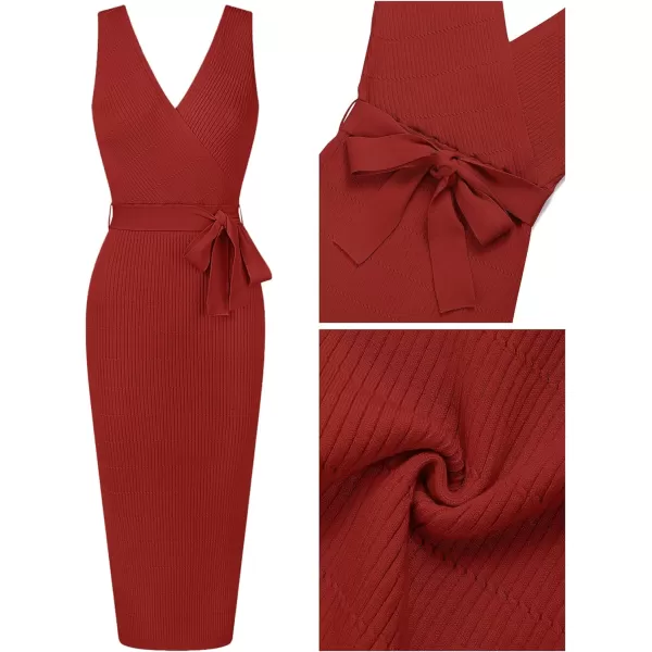 imageZESICA Womens 2023 Summer Knitted Bodycon Midi Dress Elegant Wrap V Neck Sleeveless Tie Waist Sweater DressesRed